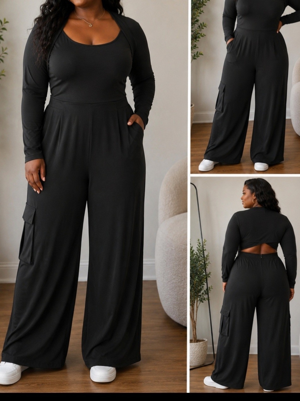 Halara Black Long Sleeve Wide Leg Jumpsuit Size Large NWT